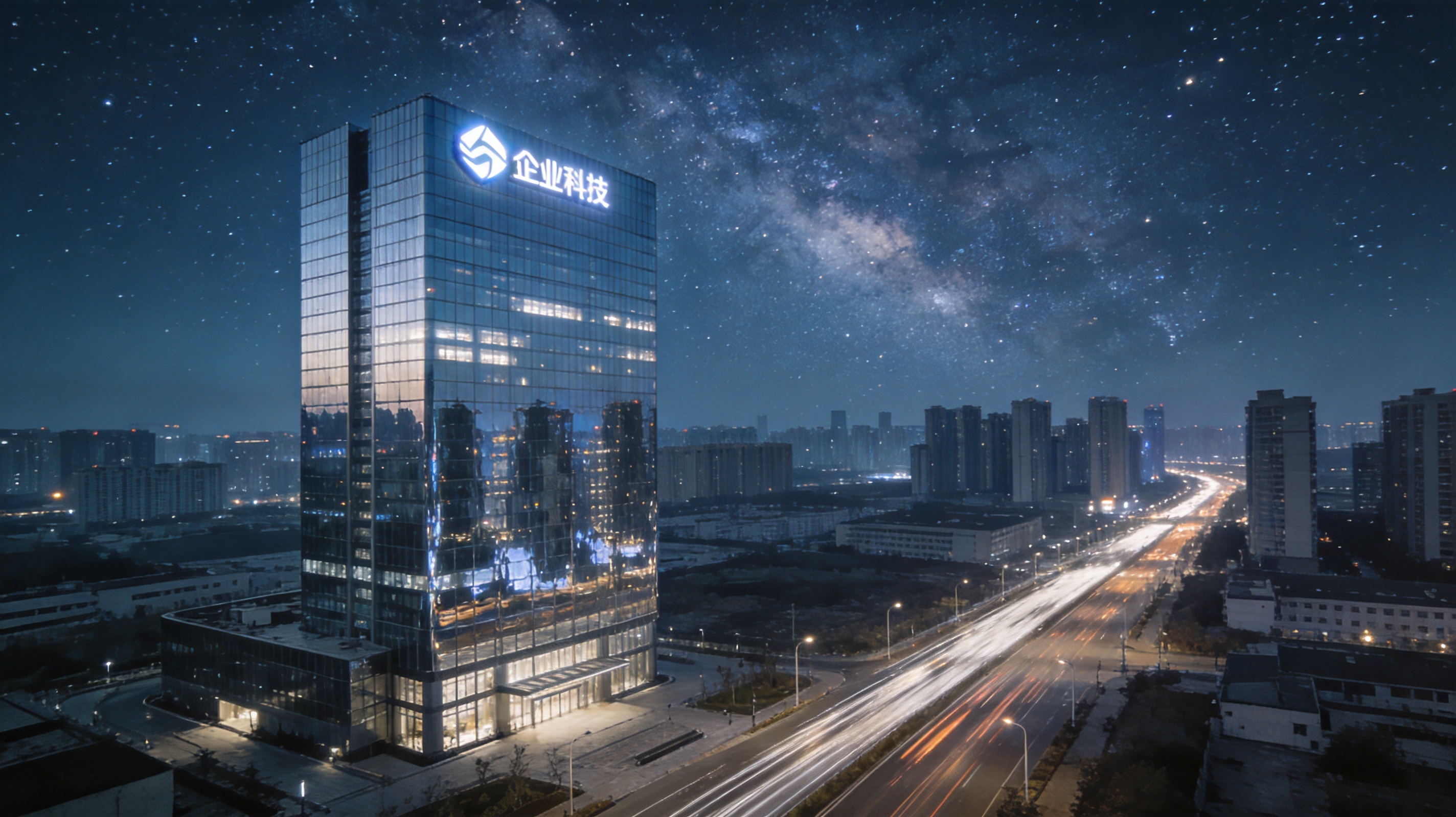 星空科技企业总部大楼夜景，展现企业品牌形象